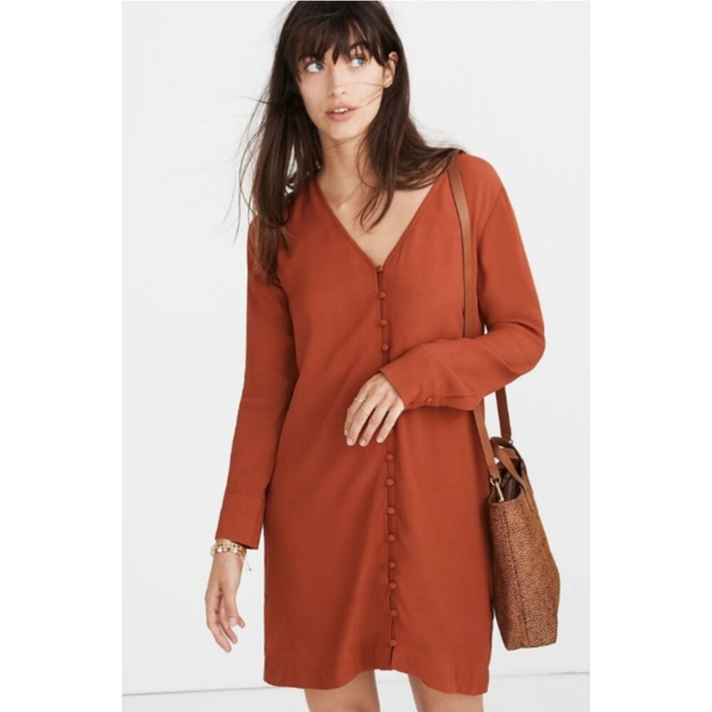 Madewell Heather Front Button Down Dress Women's M Rust Orange Long Sleeve NWT